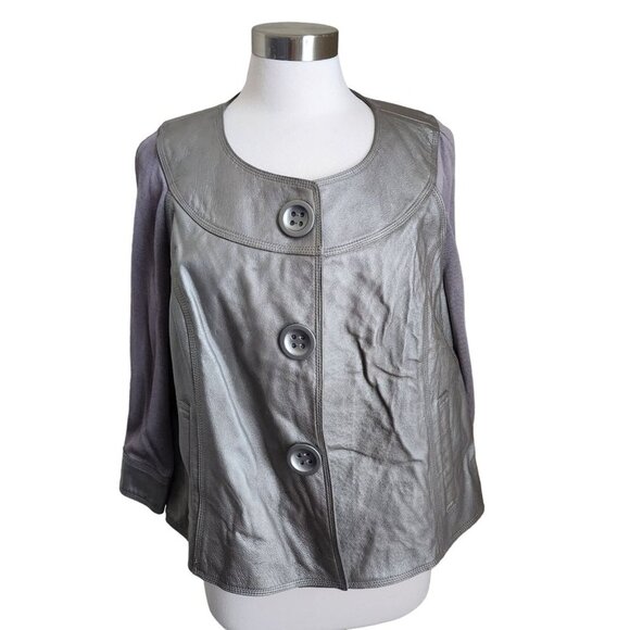 Nygard Jacket Pewter Leather Front Trim Collarless‎ Knit Back 3/4 Sleeves Size L - Picture 3 of 16